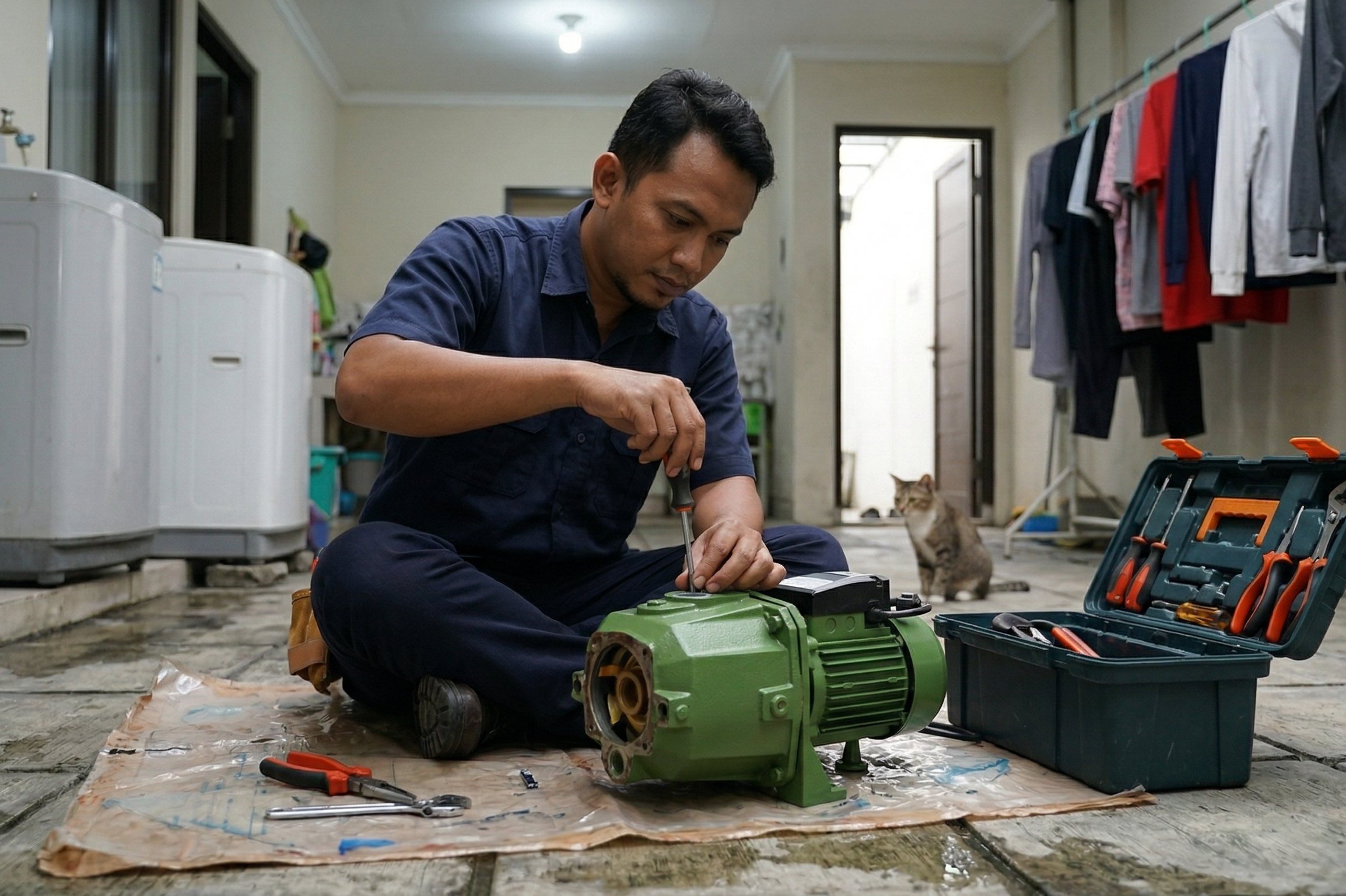 Teknisi profesional sedang melakukan perbaikan pompa air